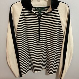 Women’s Lauren Active Black and Cream Striped 1/4 Zip Sweater, Cotton, Large